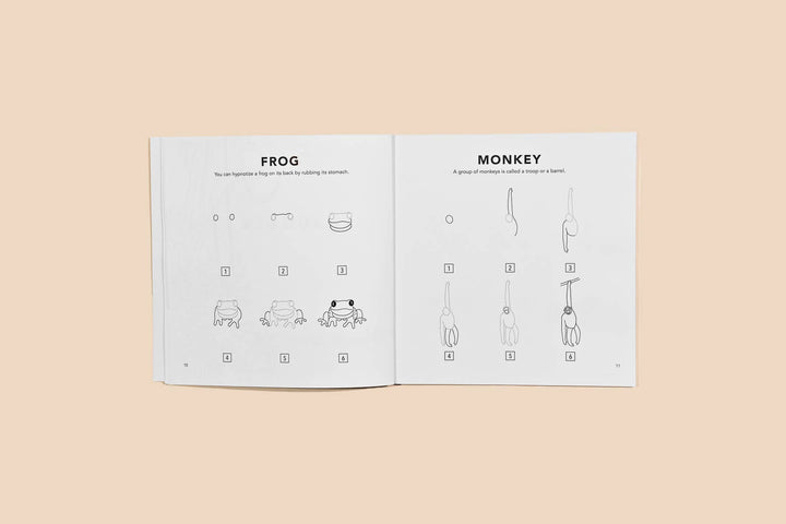 Open book to show the progression for drawing a frog, on the left page, and a monkey on the right.