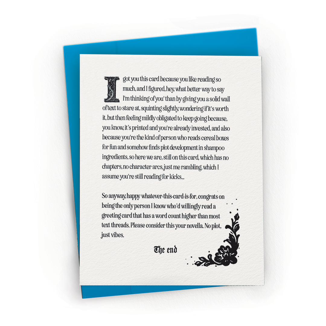 Greeting card with very lengthy text and blue envelope