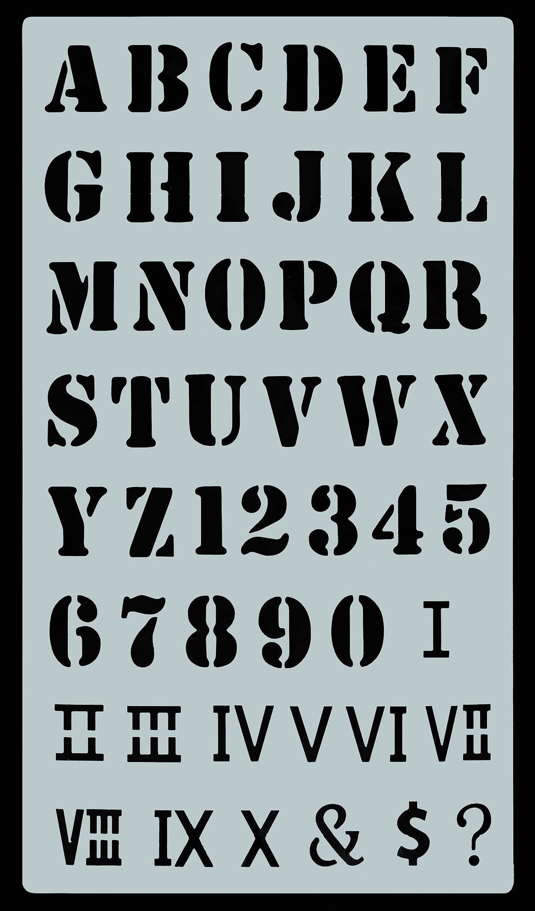Stencil of capital letters, arabic and roman numerals, with ampersand, dollar sign, and question mark.