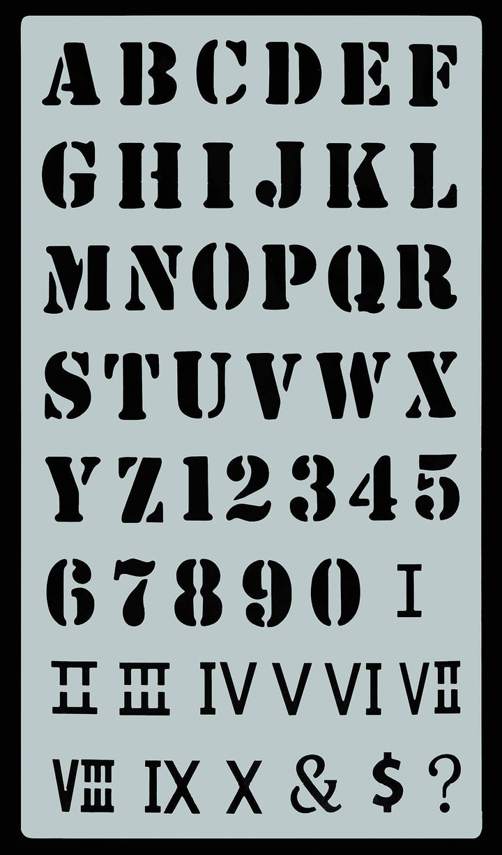 Stencil of capital letters, arabic and roman numerals, with ampersand, dollar sign, and question mark.