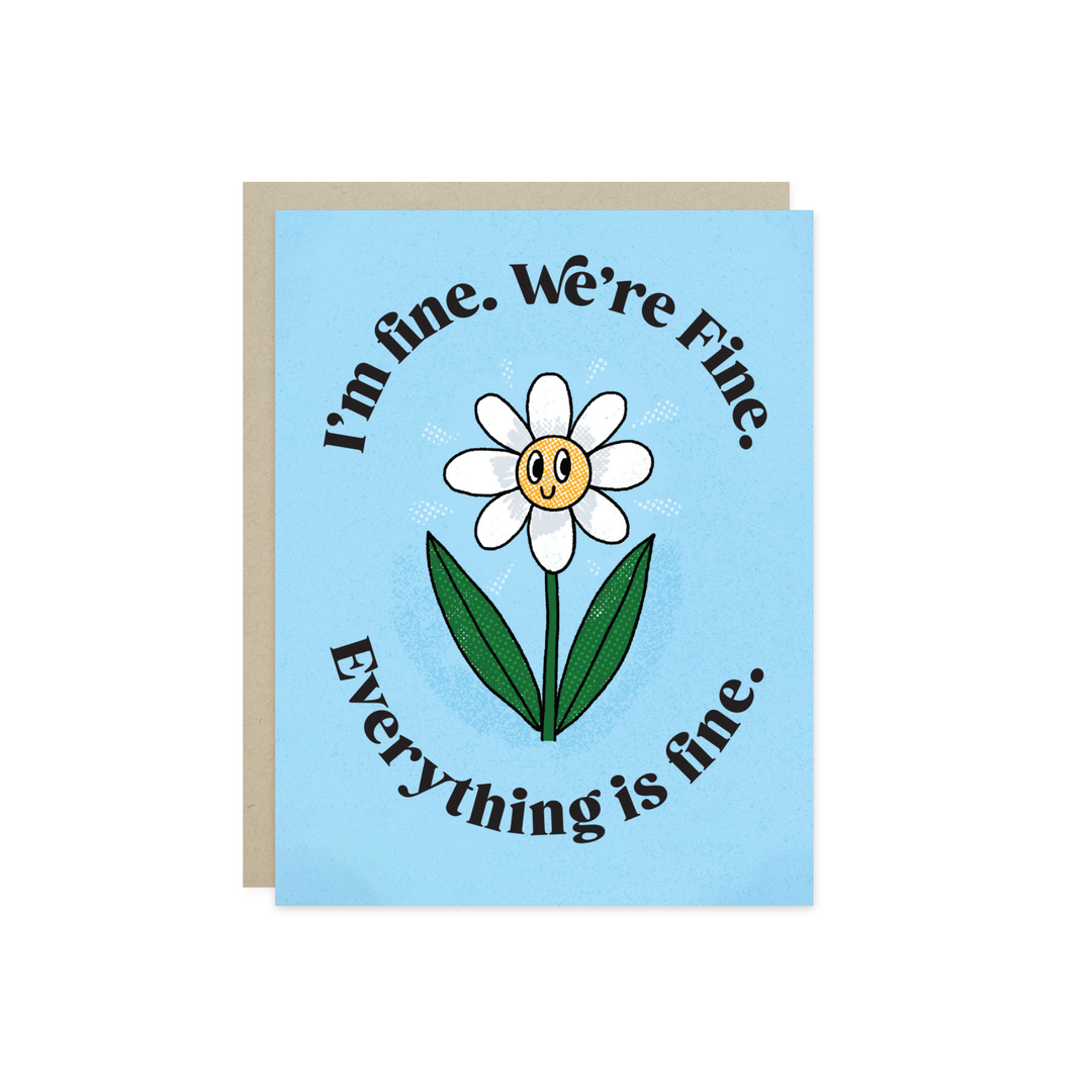 A smiling daisy surrounded by text on a light blue background.
