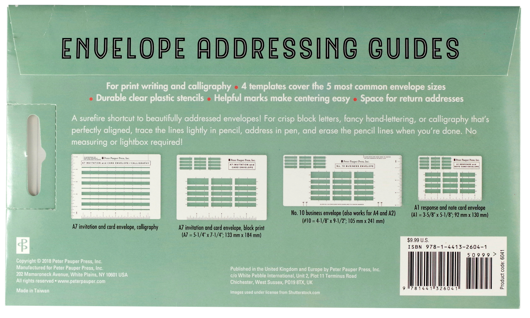 Back of packaging for envelope addressing guides.