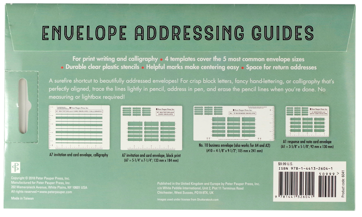 Back of packaging for envelope addressing guides.