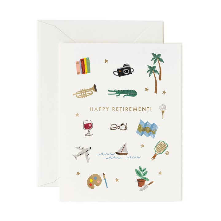 Front of card dotted with images representing many different leisure and travel opportunities during retirement.