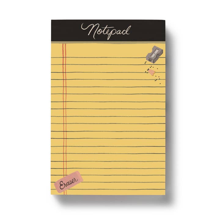 Notepad with yellow lined paper and black top, featuring a small illustration of an eraser in the lower left corner and pencil sharpener in the upper right corner..