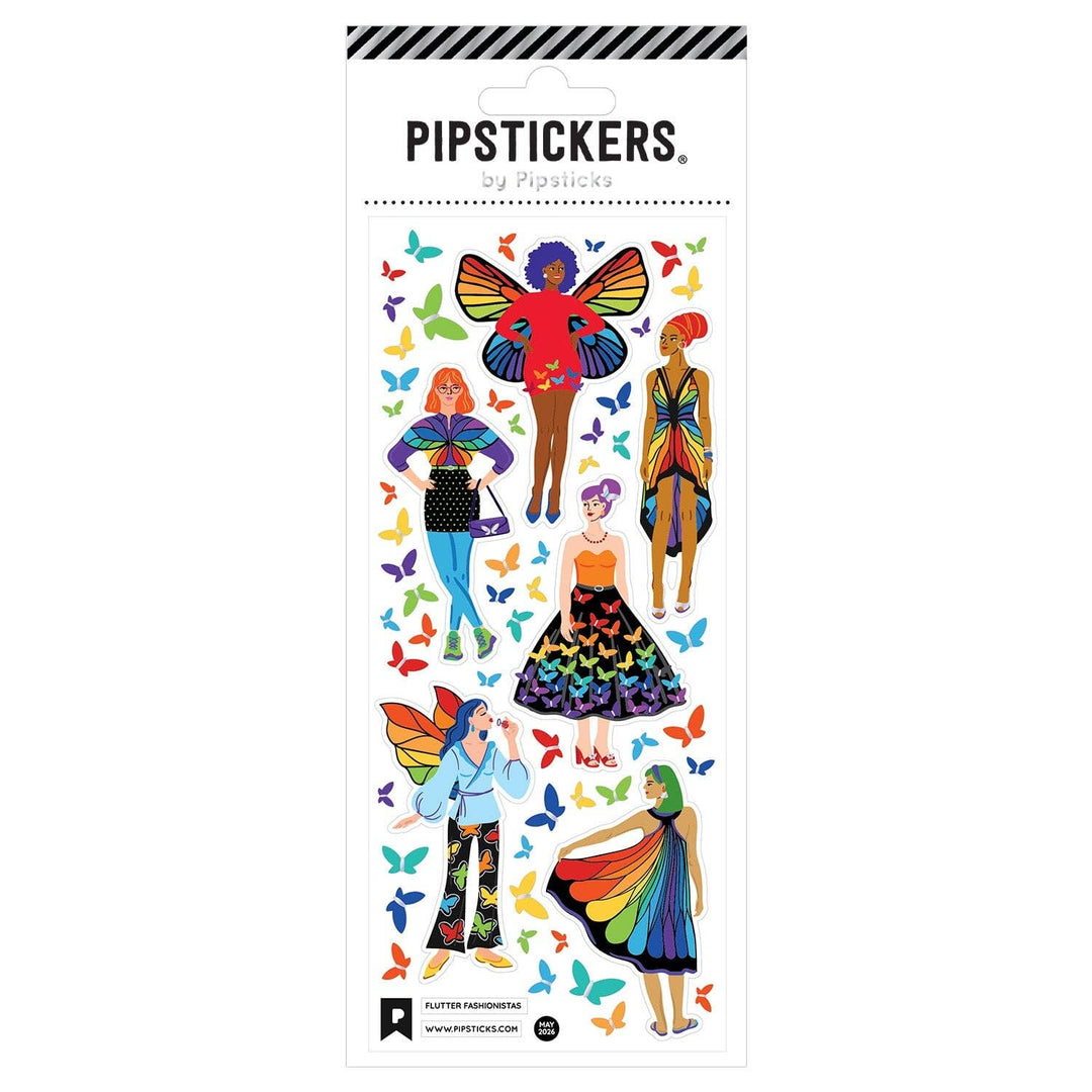 Six fashionable ladies wearing different colored costumes and surrounded by butterflies.