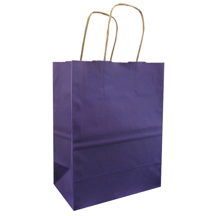 Purple paper bag with brown interior and handles. 