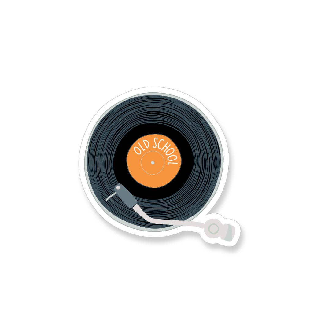 Sticker design of a vinyl record on a turntable with stylus and the text 'Old School' on an orange label.