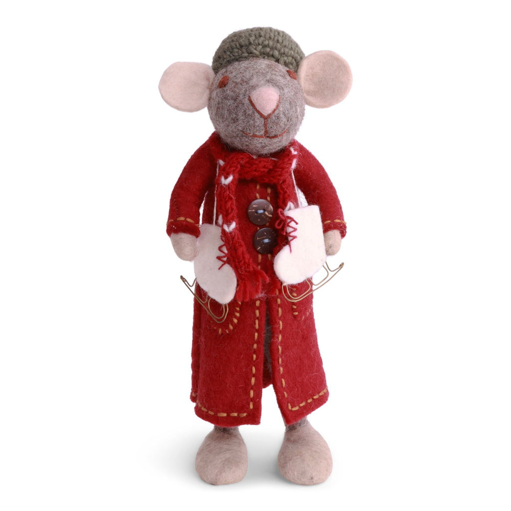 Felt mouse in a red coat and scarf, wearing a green hat, and a pair of white ice skates with red laces draped around her neck.