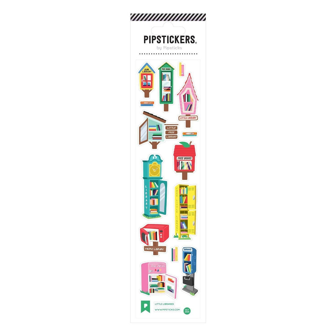 Sheet of more than 10 stickers of libraries in different shapes, including a birdhouse, grandfather clock, refrigerator and more.