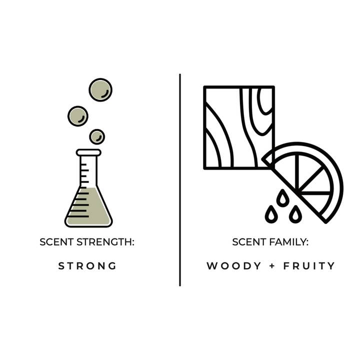 Diagram showing a beaker with bubbles labeled 'Scent Strength: Strong' and a drawing of a board and lemon labeled 'Scent Family: Woody + Fruity.'