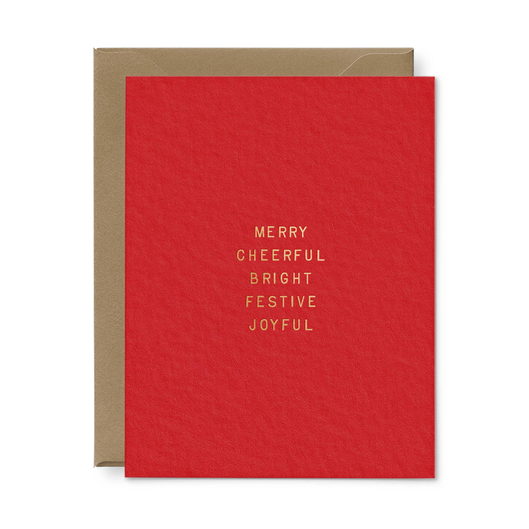 Red holiday card with gold text and brown envelope 