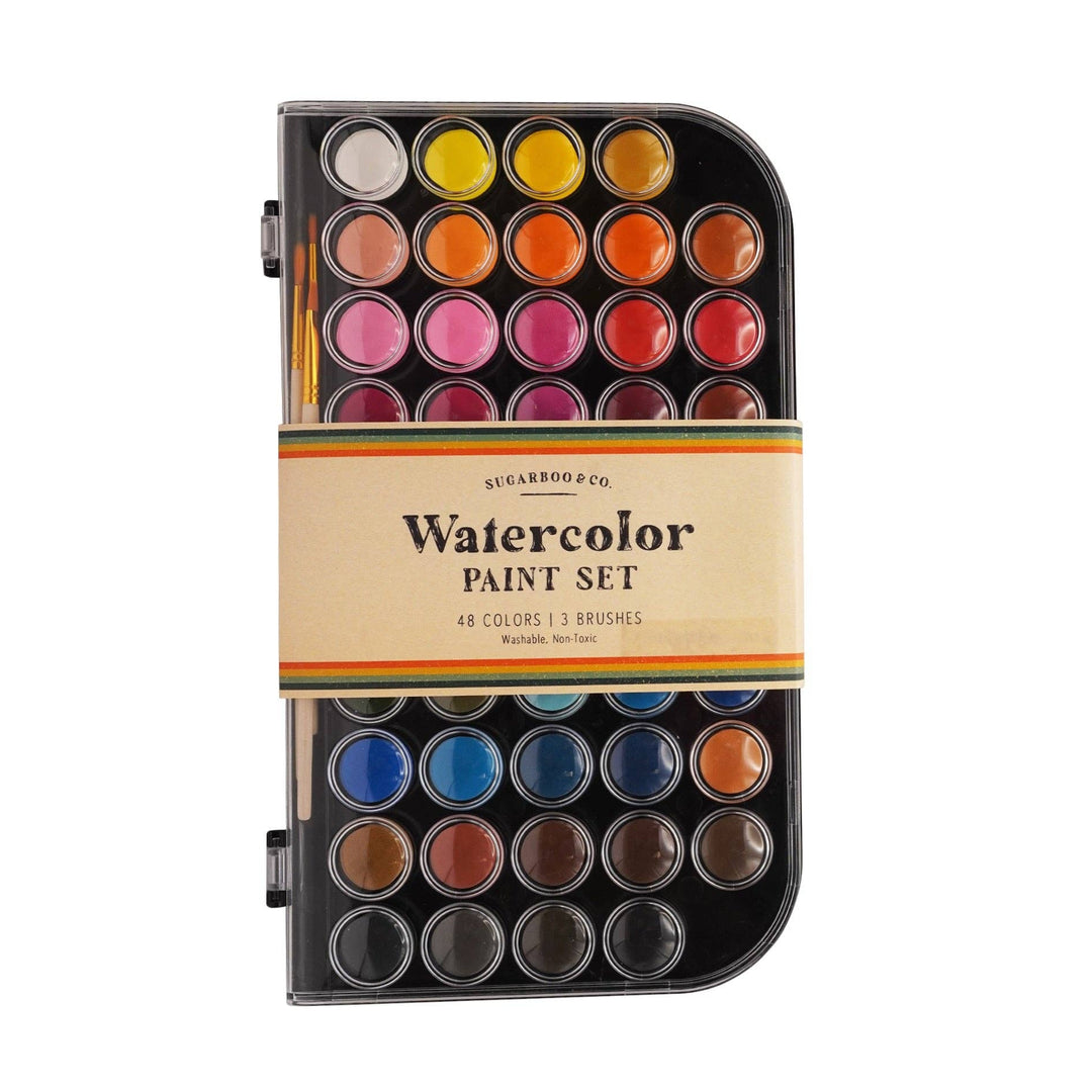 Watercolor paint set with 48 colors and 3 brushes in a black hinged case.