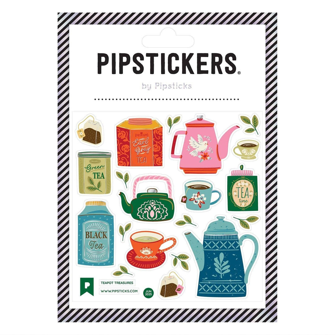 Sheet of colorful tea-related stickers, including teapots, cups, cannisters and more.