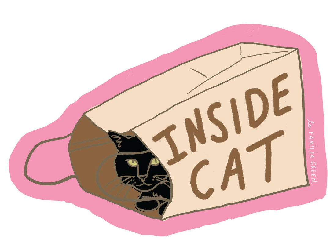 Sticker with a black cat inside a brown aper bag labeled 'Inside Cat' on a pink background.