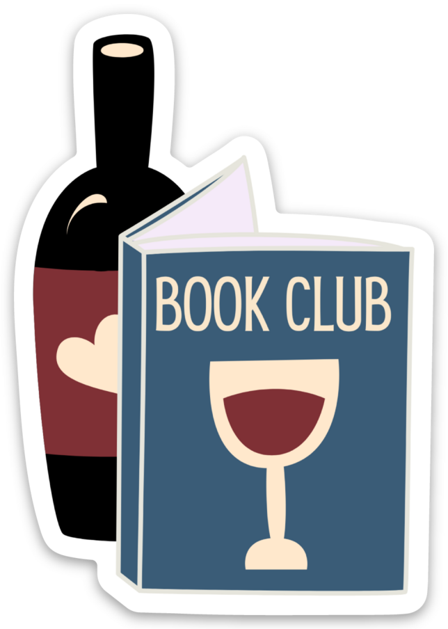 An open book titled 'Book Club' next to a bottle of wine with a heart on its label.