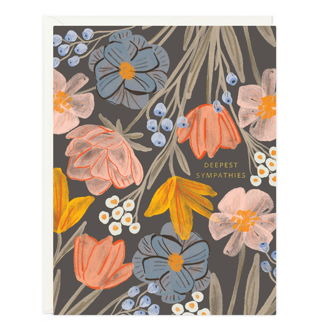 Front of card with large hand-drawn flowers of various types in blues,  light orange and white, with 'Deepest Sympathies' text on a dark background and white envelope.