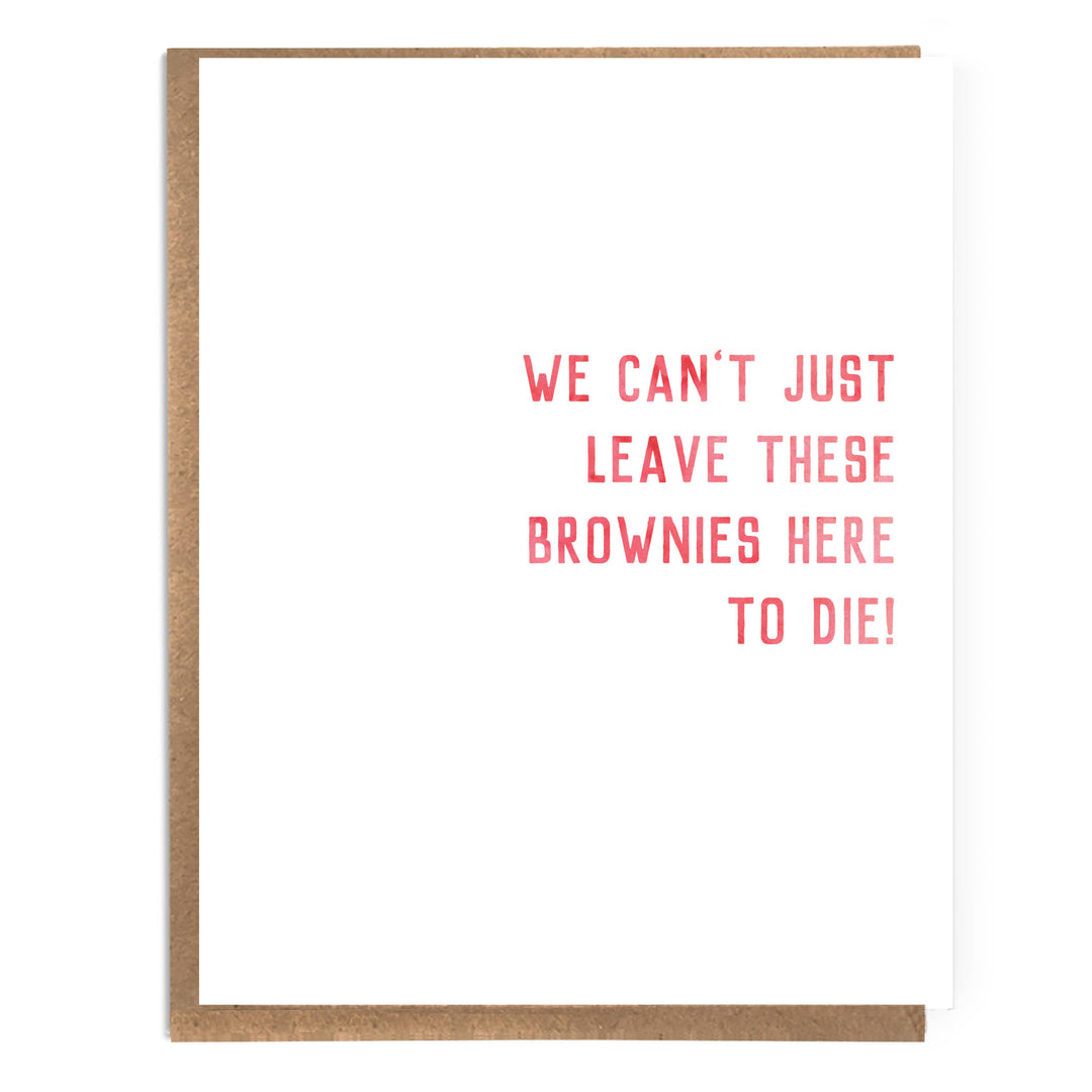 Front of card with text in large red capital letters on a white background.