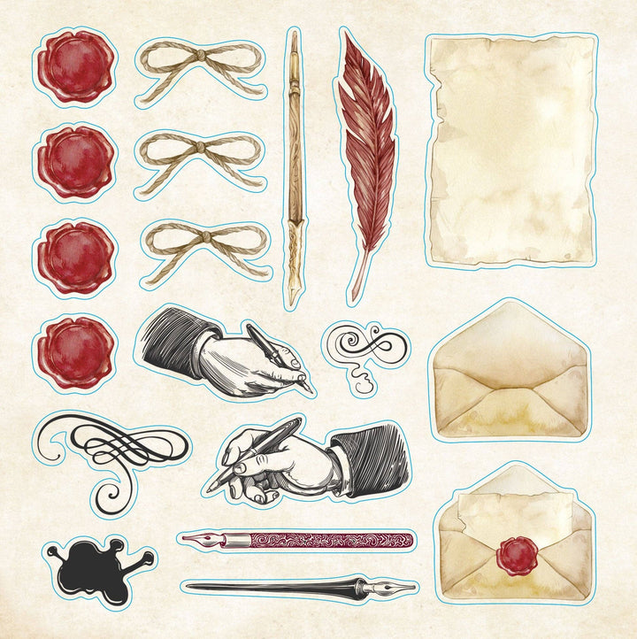 Sample page from sticker book of vintage images of writing implements and paper.