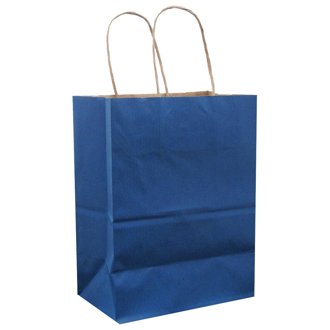 Blue paper bag with brown interior and handles. 