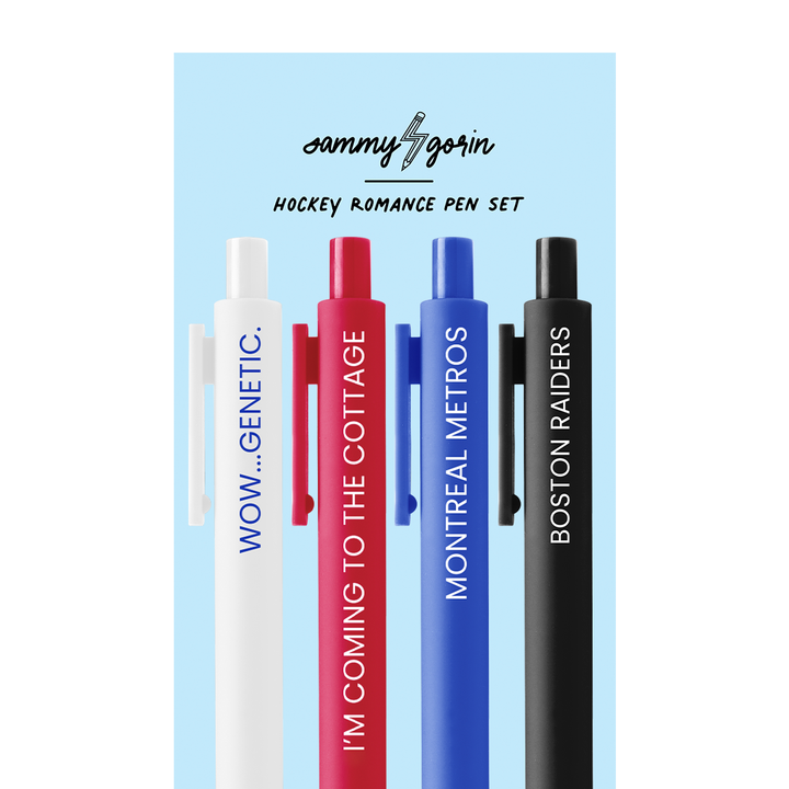 Four pens on a blue cardboard backing. The pen colors are white, cherry red, purple, and brown, each with white text.