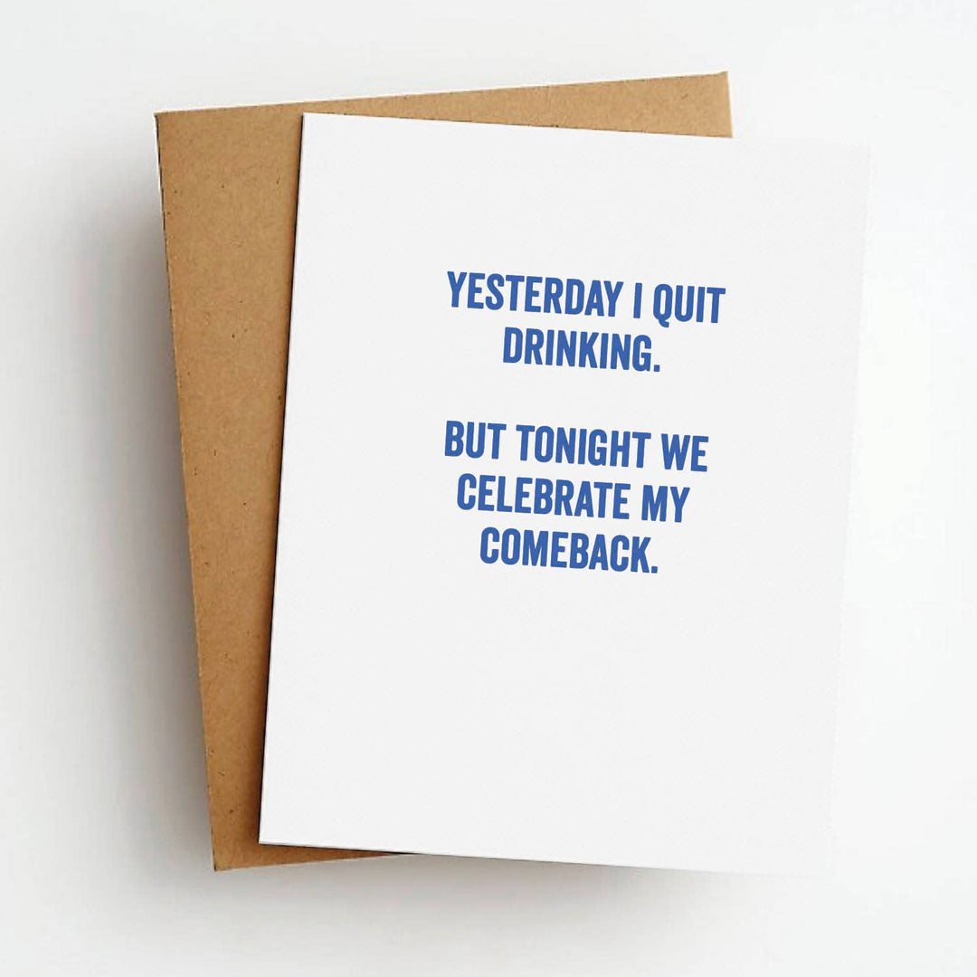 Front of greeting card with humorous text in blue on white card stock.