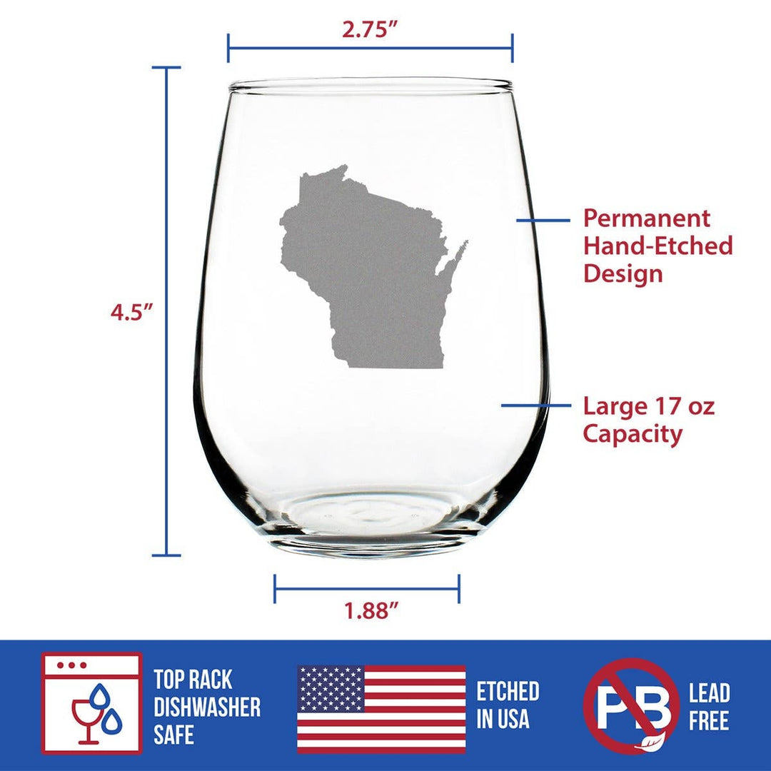 Drawing of tumbler with Wisconsin state etching, showing dimensions and features.