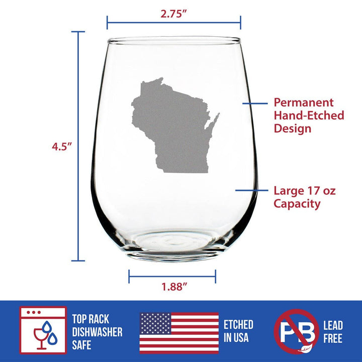 Drawing of tumbler with Wisconsin state etching, showing dimensions and features.