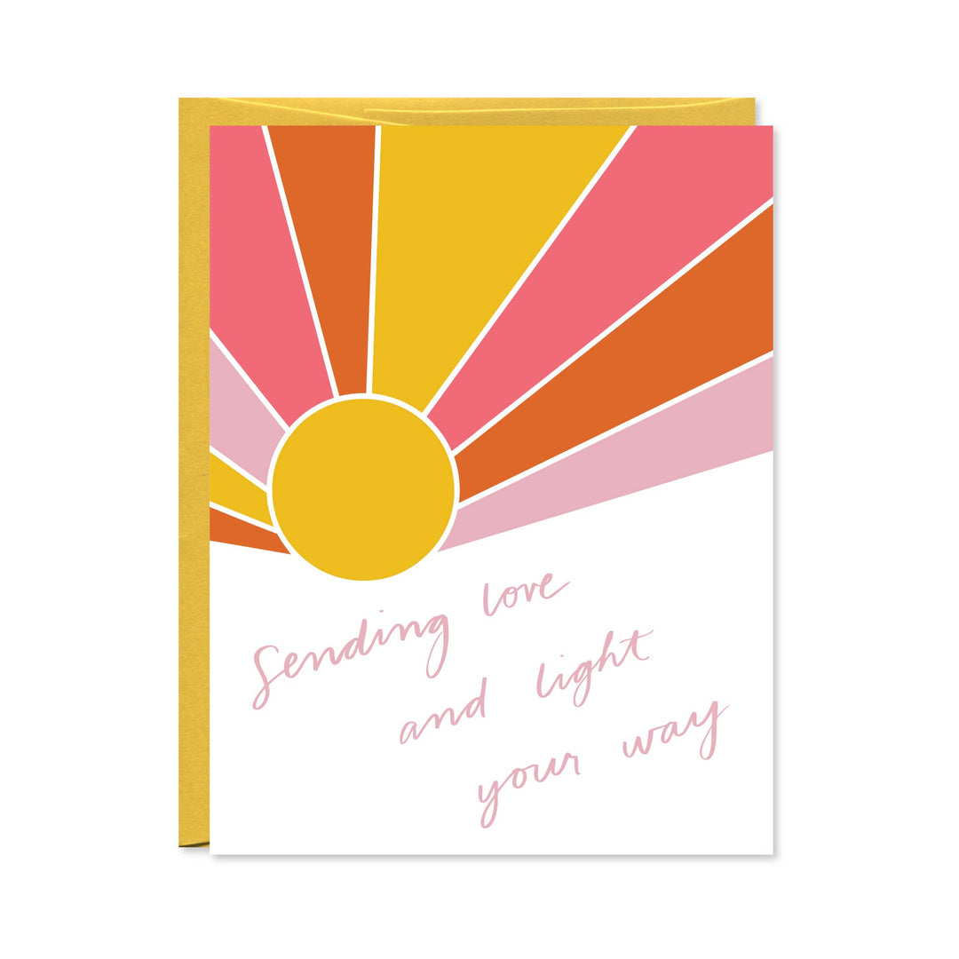 Colorful sunburst design and text 'Sending love and light your way' in rose script.
