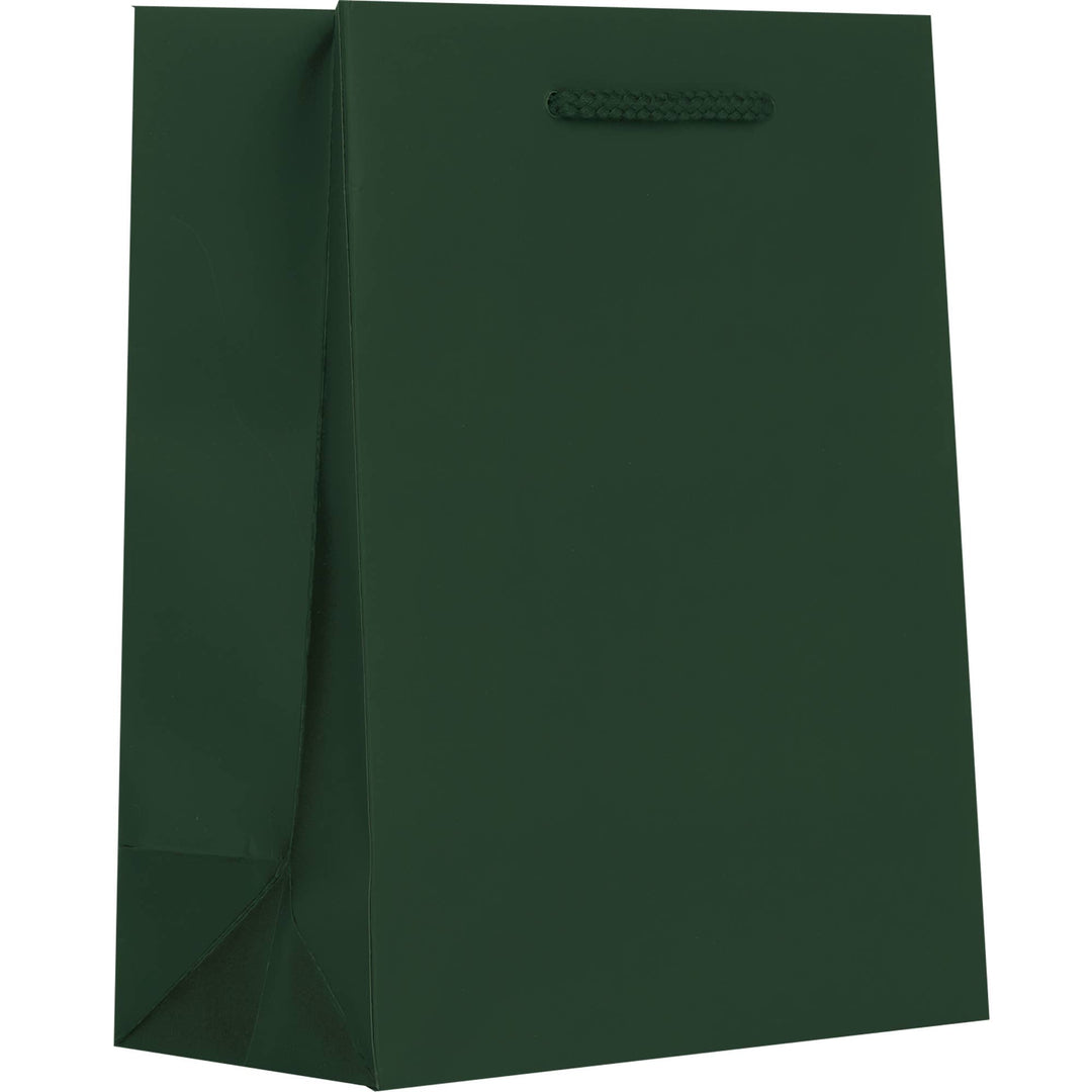 Dark green paper bag with dark green rope handle.