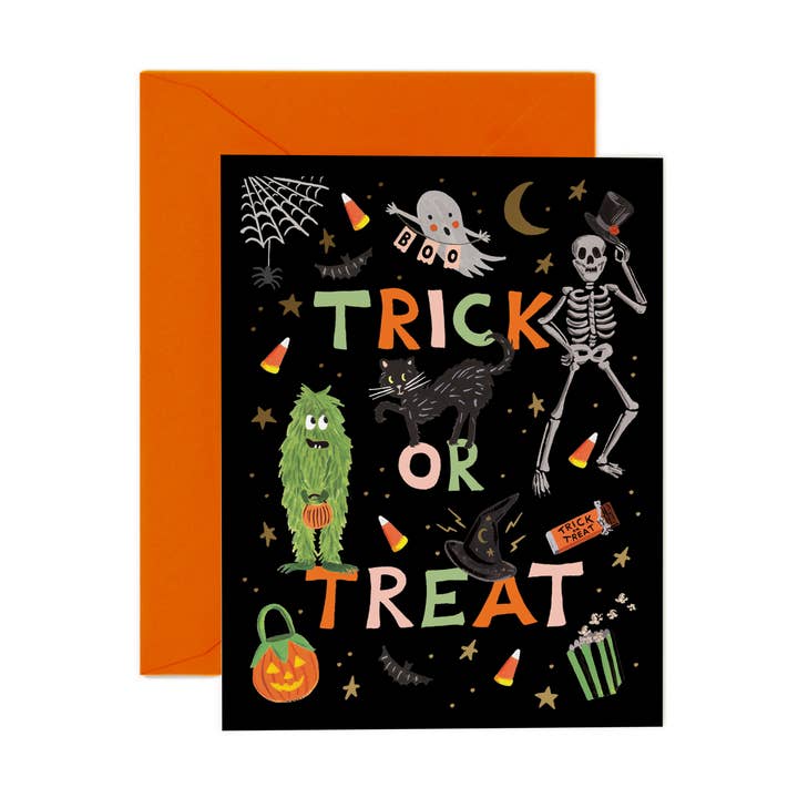 Front of card with 'Trick or Treat' in orange, green, and white letters, surrounded by Halloween-related images, such as a skeleton and ghost, on a black background, with an orange envelope.