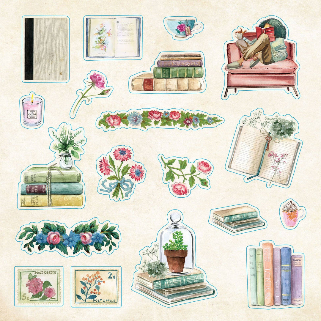 Sample page from sticker book of vintage images of books and flowers.