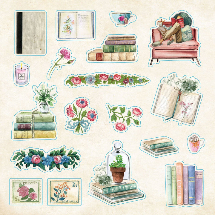 Sample page from sticker book of vintage images of books and flowers.