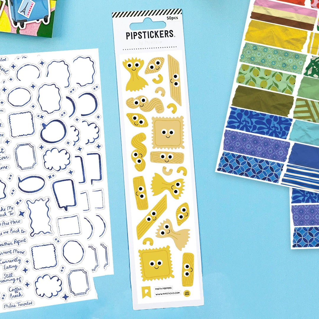 Narrow sheet of more than a dozen different pasta shapes, each with googly eyes, displayed between other sheets of stickers.