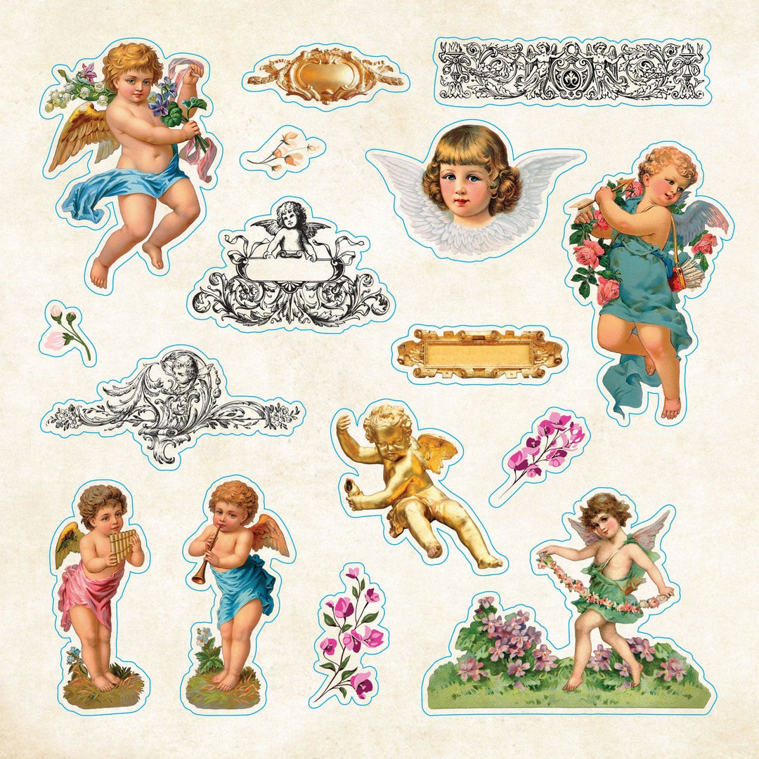 Sample page from sticker book of vintage images of angels.