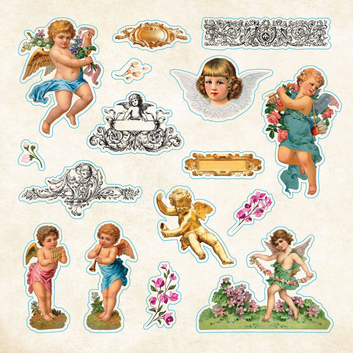 Sample page from sticker book of vintage images of angels.