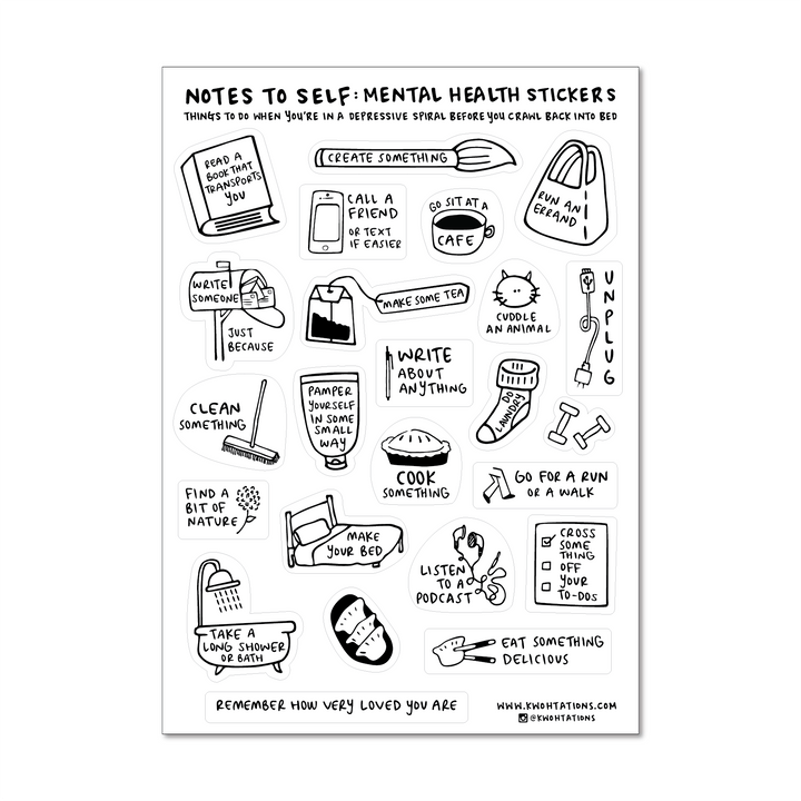 Sheet of about two dozen mental health stickers with black and white illustrations and labels like "Make some tea," "pamper yourself in some small way," and "cuddle and animal."