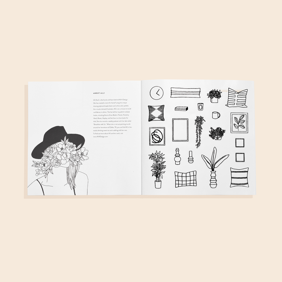 Book opened to show a line drawing of a person wearing a hat and flowers obscuring the face on the lefthand page and a black line art illustration of items found in the house  on the right hand page. 