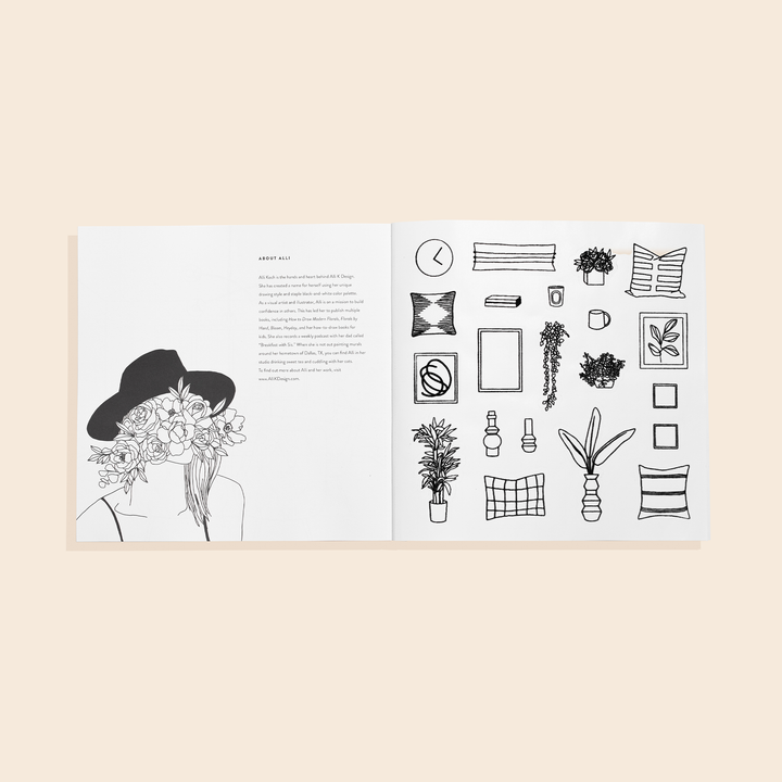 Book opened to show a line drawing of a person wearing a hat and flowers obscuring the face on the lefthand page and a black line art illustration of items found in the house  on the right hand page. 