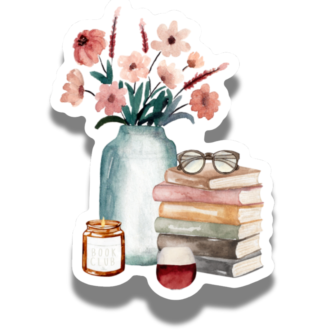 Still life watercolor painting with a vase of flowers, a pair of glasses atop a stack of books, a lit candle and a glass of wine .