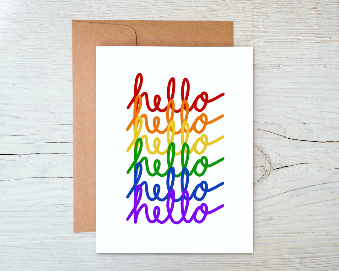 "Hello" in the colors of the rainbow, written six times, one overlapping the next.