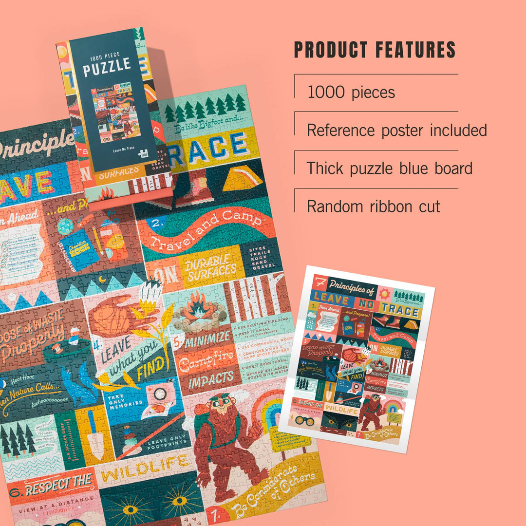 Images of the finished puzzle with text listing product features on a pink background.