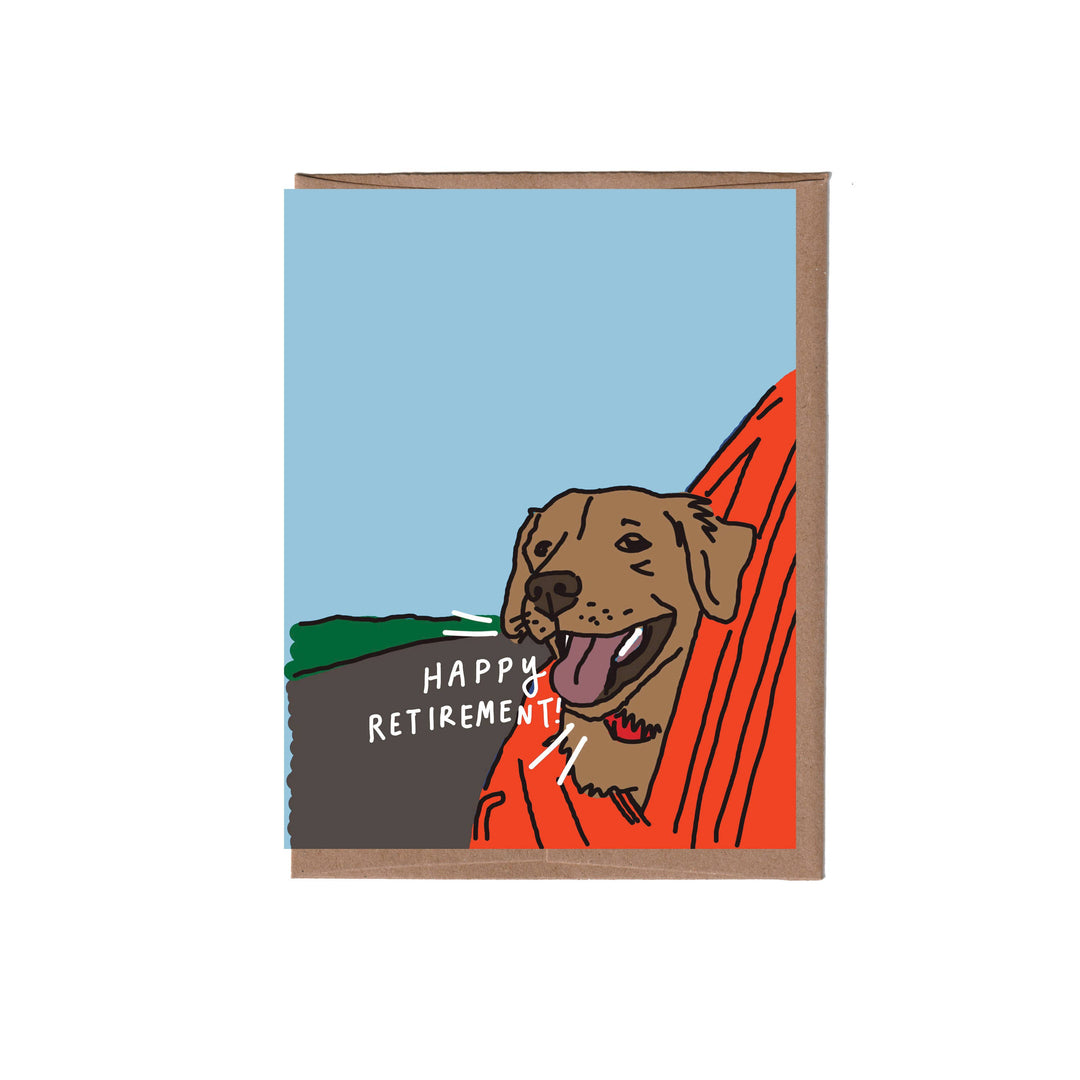 Front of card with illustration of a light brown dog with his head outside a car against a light blue sky, with the text 'HAPPY RETIREMENT!' written in white.