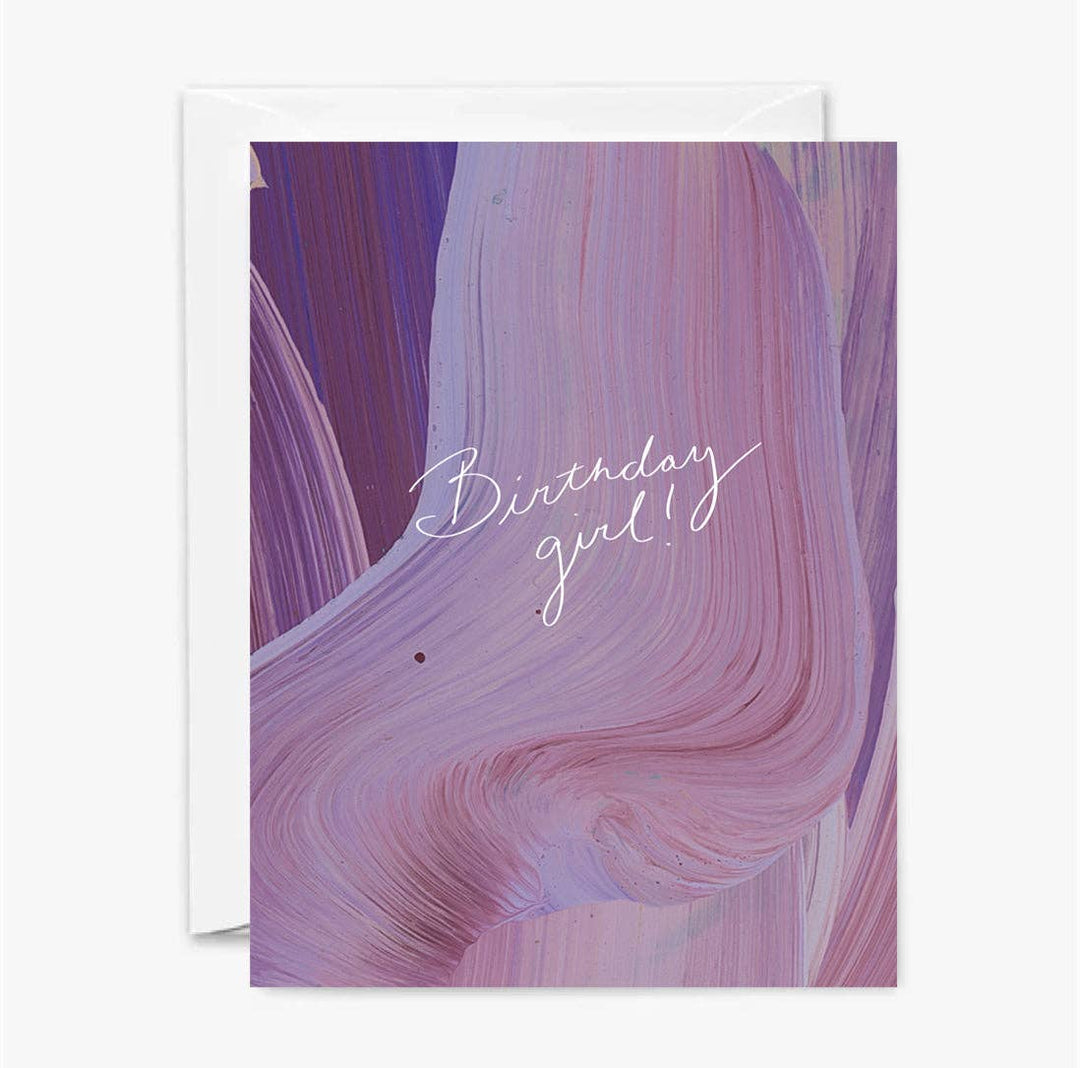 Front of birthday card with abstract design in purples and white text.