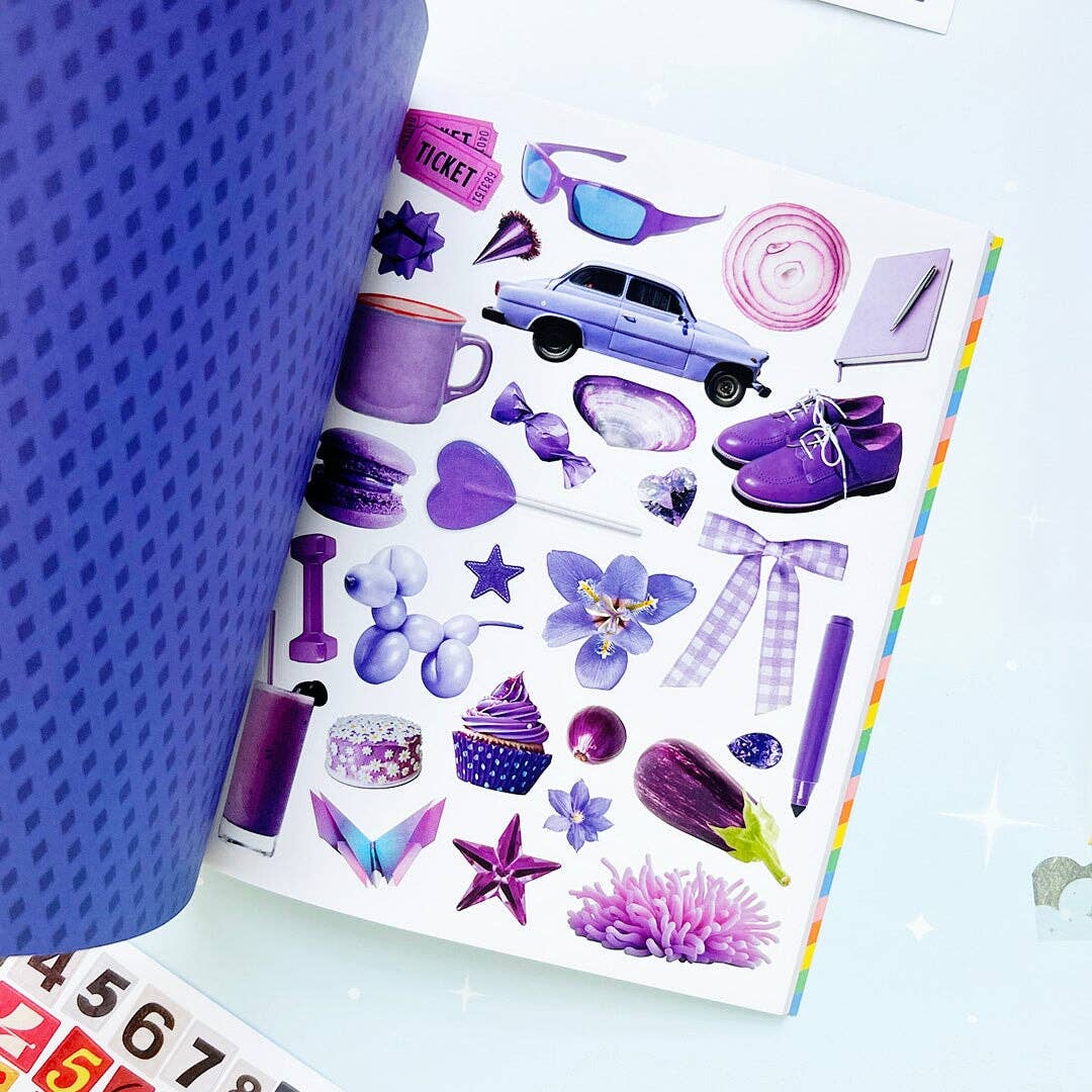 Page of various objects in purple, including a pair of shoes, a cupcake and an animal balloon.