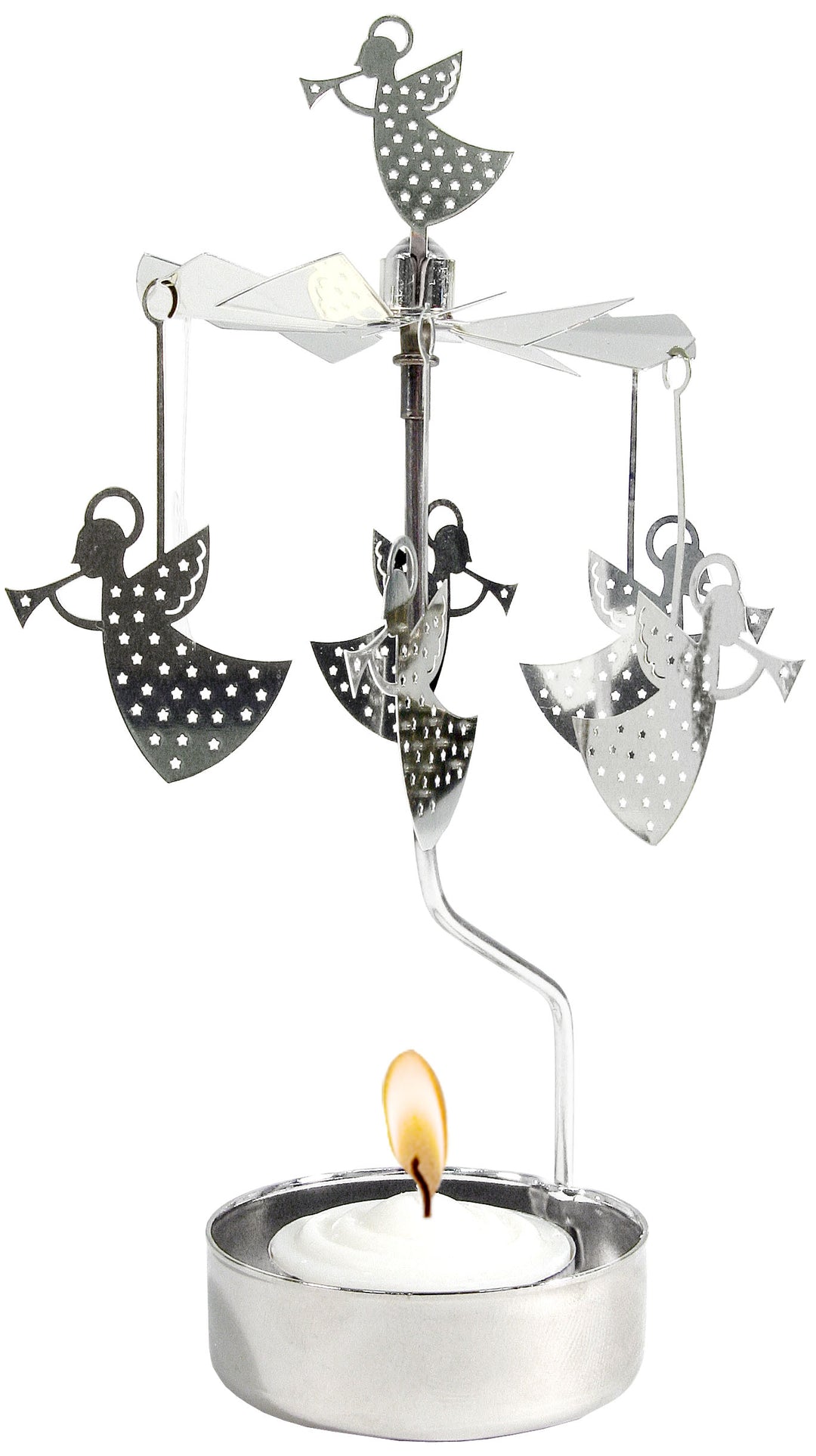 Tea light in a silver holder with vertical arm supporting a carousel of five angels with trumpet.