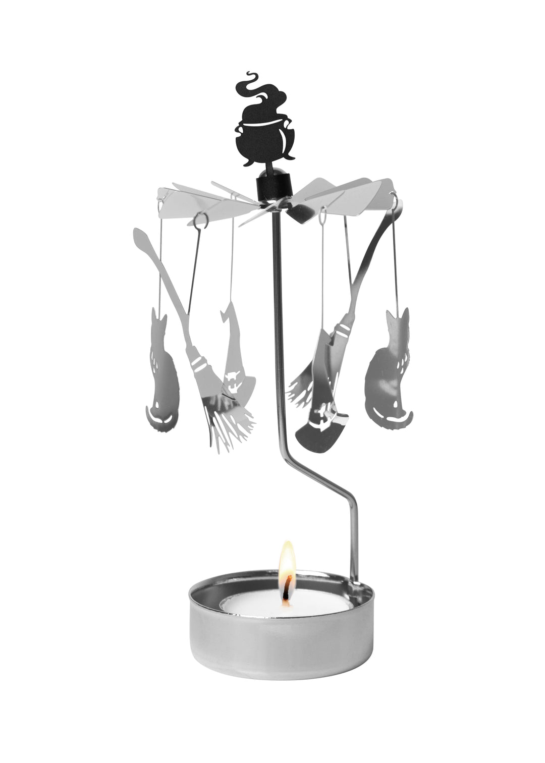 Tea light in a silver-colored holder with vertical arm supporting a carousel of witches hat, cat, and broom, and a caldron on top.