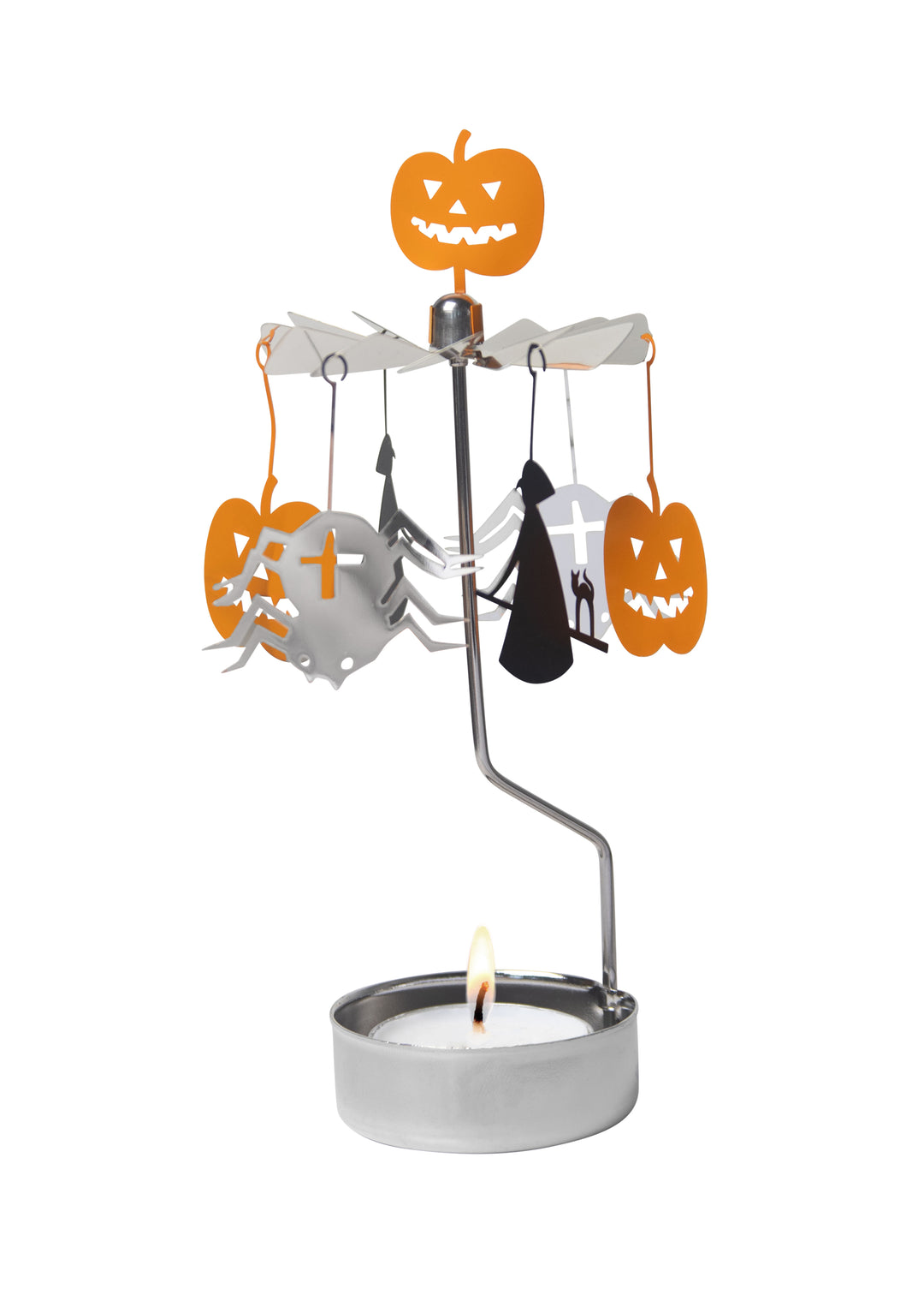 Tea light in a silver-colored holder with vertical arm supporting a carousel of black witches on a broom, orange pumpkins, and silver spiders, with a spooky pumpkin on top.