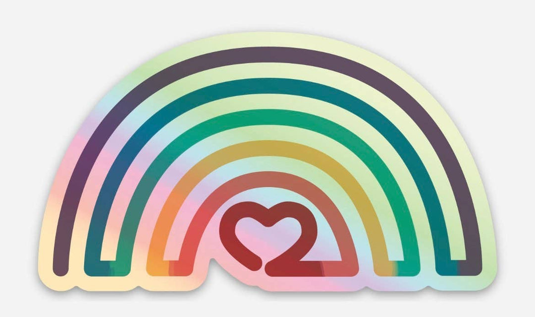 A die-cut sticker featuring a retro rainbow design with a heart at center bottom.