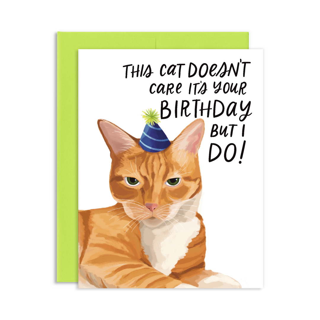 Front of card with an orange and white cat wearing a party hat, with the text 'This cat doesn't care it's your birthday, but I do' in black.